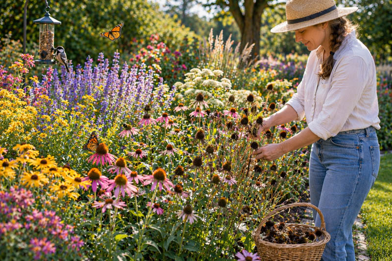Serene gardener in a vibrant summer garden
