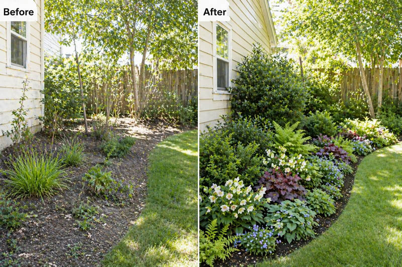 Shady Side Yard, Garden makeover, before and after