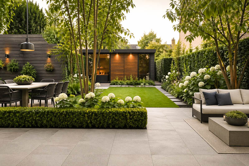 Side-to-Side Garden Rooms, Modern garden patio with lush greenery