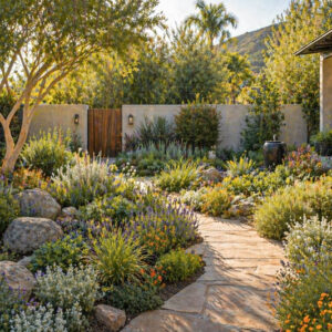 Southern California Garden, Sunlit garden with winding stone path
