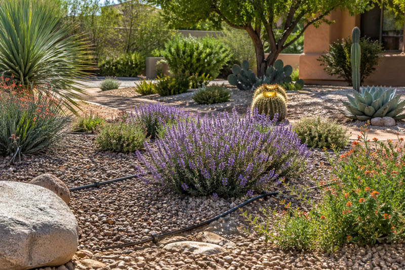 Sunlit desert garden with vibrant plants, A drought-tolerant garden still needs irrigation