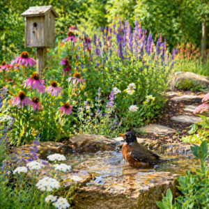 Sunlit garden with birdbath and wildlife