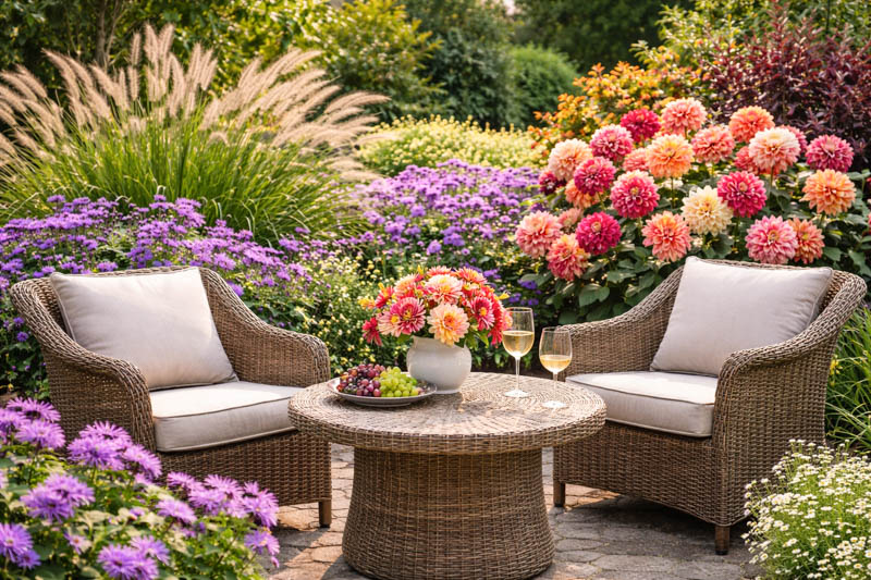 Sunny garden retreat with vibrant aster and dahlia flowers