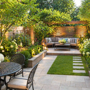 Tranquil garden retreat at golden hour