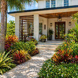 Tropical-style Florida home with lush garden