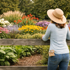 Woman admiring neighbor's blooming garden