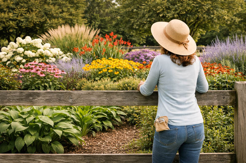 Woman admiring neighbor's blooming garden