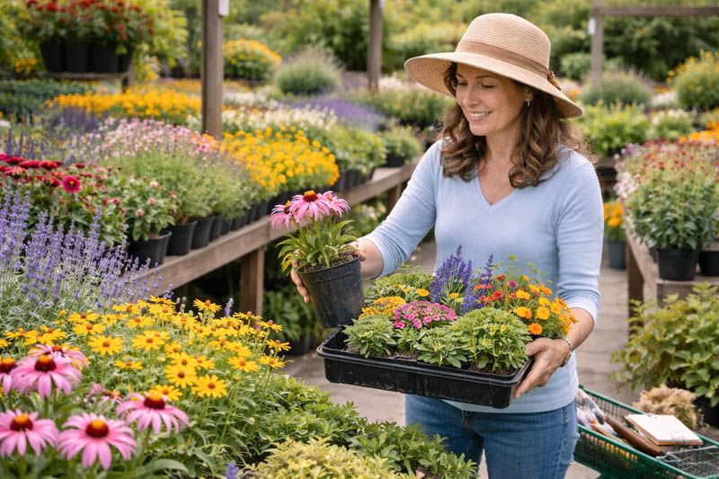 Woman shopping for plants in garden center