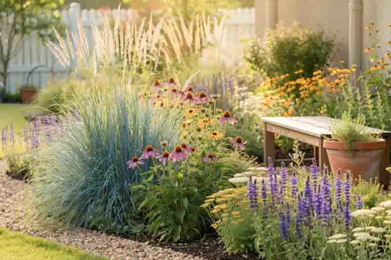 panicum virgatum, coneflowers, rudbeckia, yarrow, selected salvias