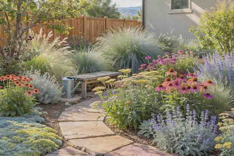 sedum, coneflowers, yarrow, catmint, prairie grasses, and hardy native shrubs