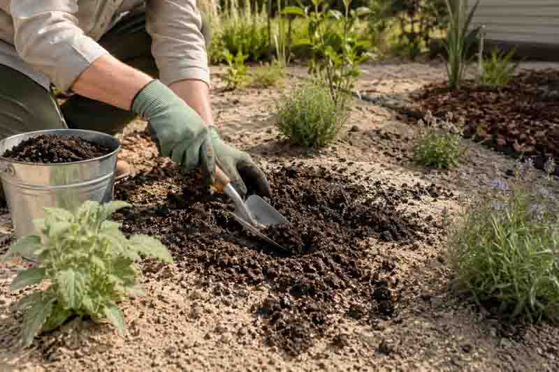Adding compost to sandy soil to increase water and nutrient retention