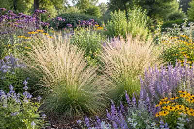 Muhlenbergia lindheimeri, Lindheimer's muhly, Big muhly, Blue muhly with companion plants