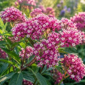 Asclepias incarnata Soulmate, Pink flower clusters in sunlight