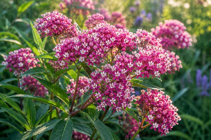 Asclepias incarnata Soulmate, Pink flower clusters in sunlight