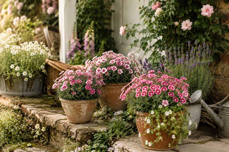 How to Grow Pinks in Pots Without Killing Them, Charming garden porch in soft light