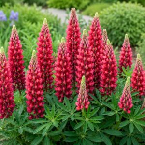 Lupinus Gallery Red, Vibrant lupine bloom in garden sunlight
