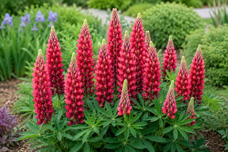 Lupinus Gallery Red, Vibrant lupine bloom in garden sunlight