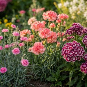 Pinks, Carnations, and Sweet William, Vibrant garden in soft daylight