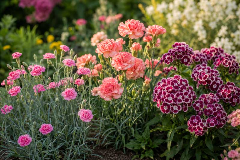 Fragrant garden pinks and clove-scented Dianthus blooming in a sunny garden with colorful flowers and blue-green foliage