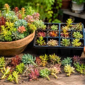 Succulent sedum propagation on rustic table
