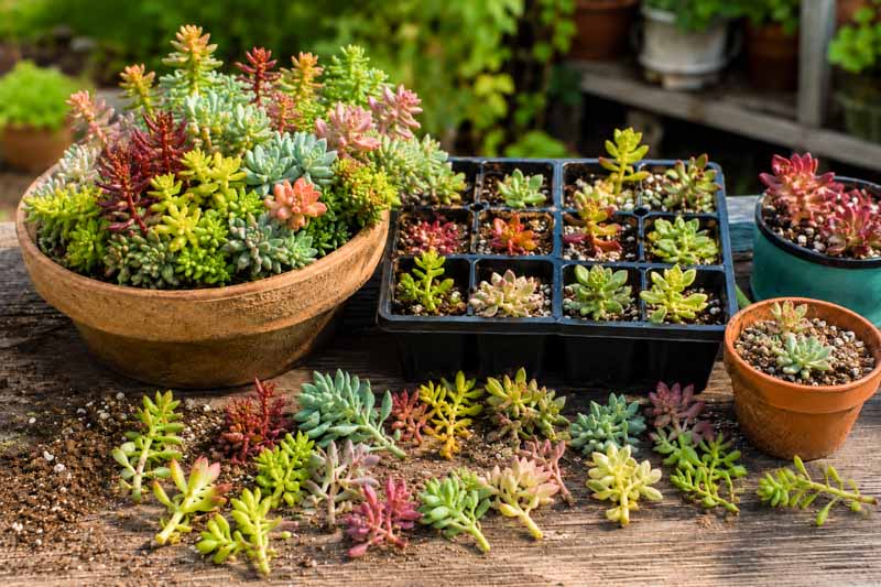 Succulent sedum propagation on rustic table