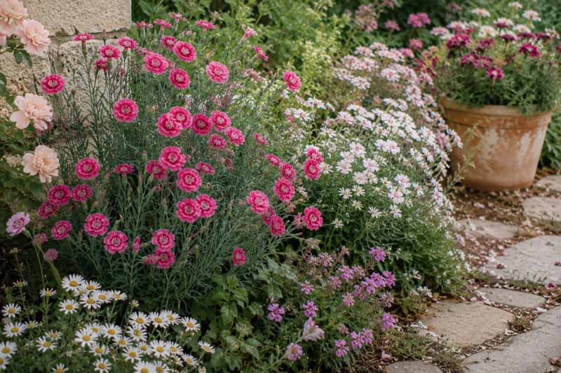 The Best Pinks, Carnations, and Dianthus for Pots and Borders, Lush garden bloom with soft daylight