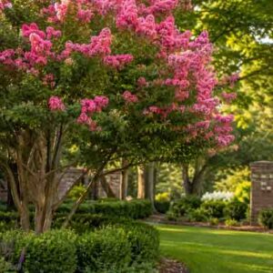 Lagerstroemia, Crepe Myrtle, Serene garden with pink flowering tree, Why Is My Crape Myrtle Not Blooming?