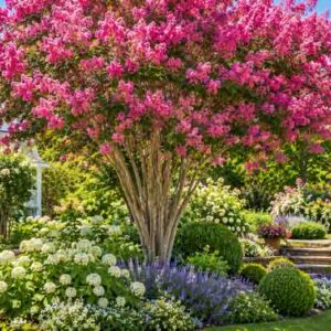 Lagerstroemia, Crepe myrtle, Sunny backyard garden with pink blossoms