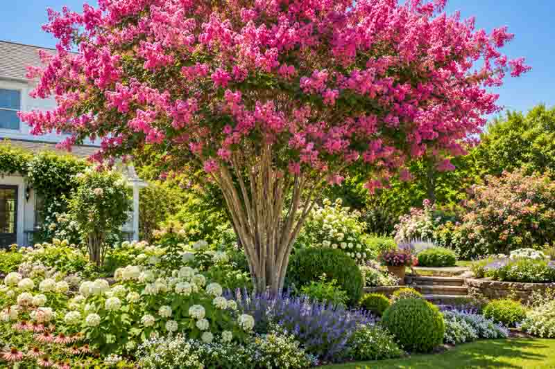 Lagerstroemia, Crepe myrtle, Sunny backyard garden with pink blossoms