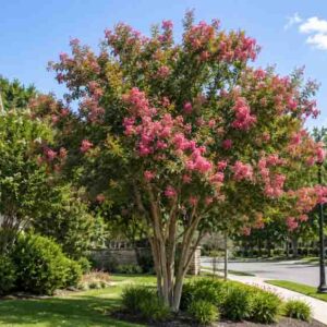 Lagerstroemia Miami, Sunny suburban yard with blooming tree