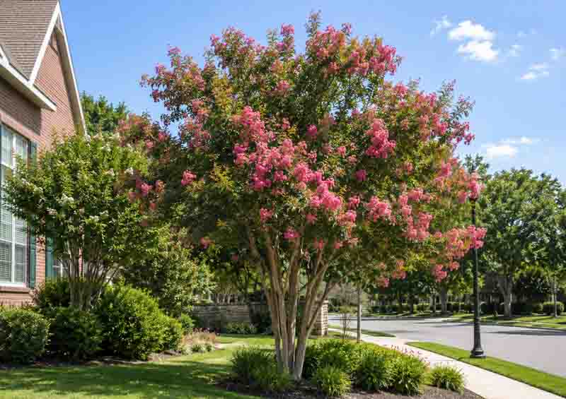 Lagerstroemia Miami crape myrtle covered with dark pink flowers