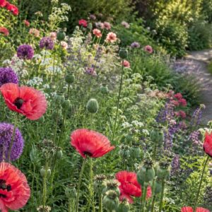 Lush garden path with vibrant poppy and allium flowers