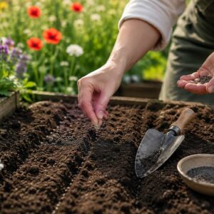 Planting poppy seeds in a sunlit garden