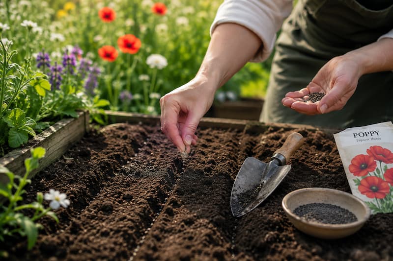 Planting poppy seeds in a sunlit garden