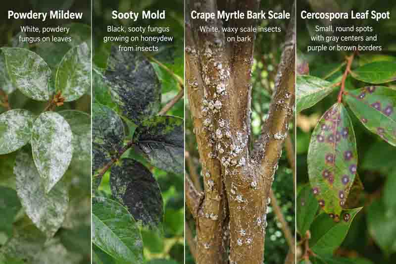 Powdery mildew is sometimes confused with sooty mold, crape myrtle bark scale, or Cercospora leaf spot.
