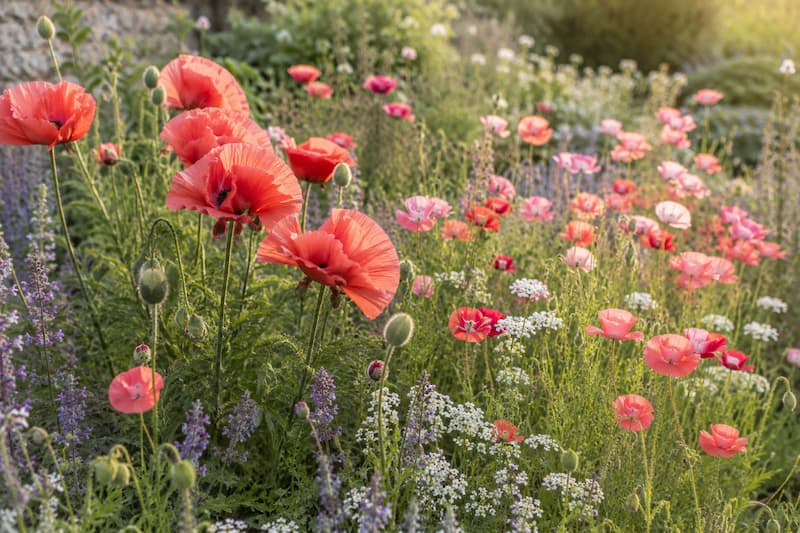 Sunlit poppy-filled meadow in bloom