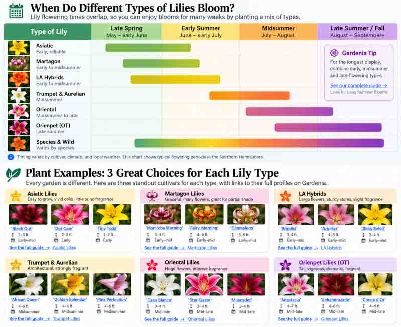 Lily bloom calendar comparing Asiatic, Martagon, LA, Trumpet and Aurelian, Oriental, Orienpet, and species lilies from late spring through late summer and early fall