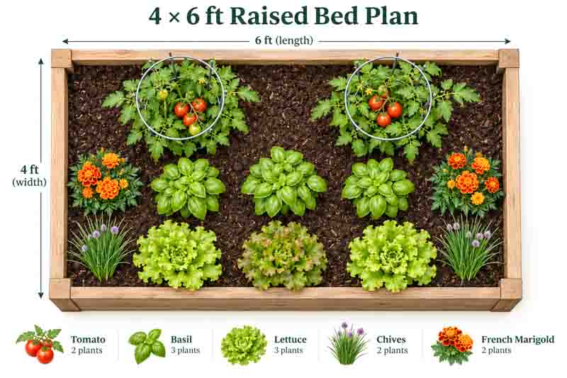 4x6 ft tomato garden plan with basil, lettuce, chives, marigolds