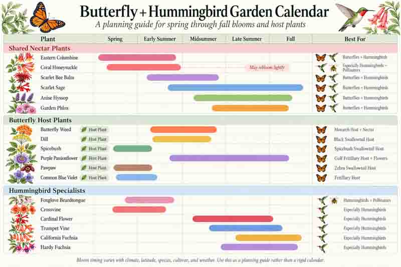 Butterfly and hummingbird garden calendar showing bloom seasons, host plants, and nectar plants