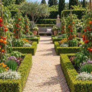 Garden with Tomato, basil, chives, lettuce, calendula and sweet alyssum