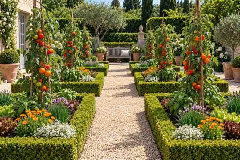 Garden with Tomato, basil, chives, lettuce, calendula and sweet alyssum