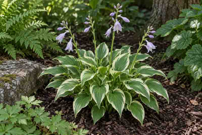 Hosta So Sweet with glossy green leaves edged creamy white and fragrant white flowers