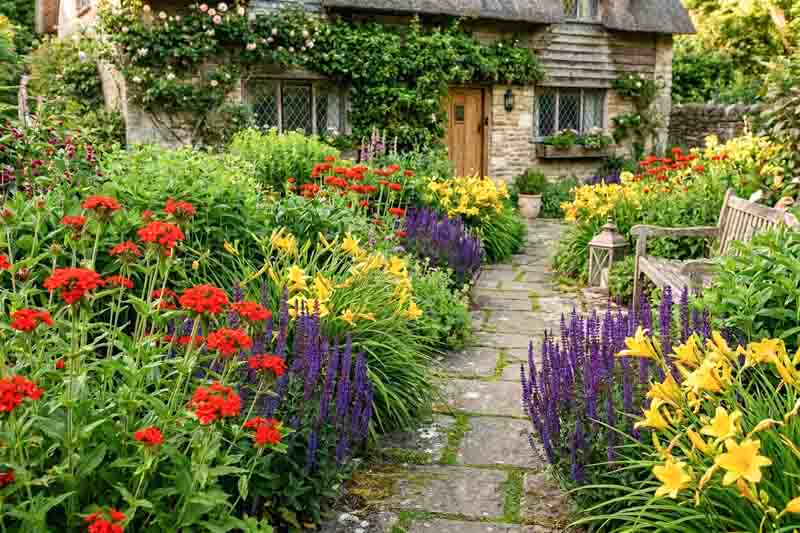 Lychnis chalcedonica (Maltese Cross), Hemerocallis 'Golden Chimes' (Daylily), Salvia nemorosa 'Caradonna' (Sage)