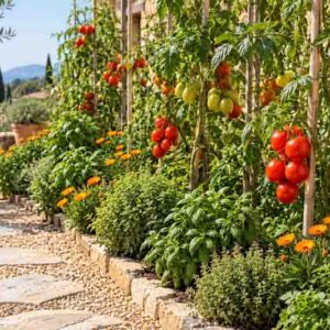Mediterranean tomato garden with basil, oregano, thyme, parsley, and calendula
