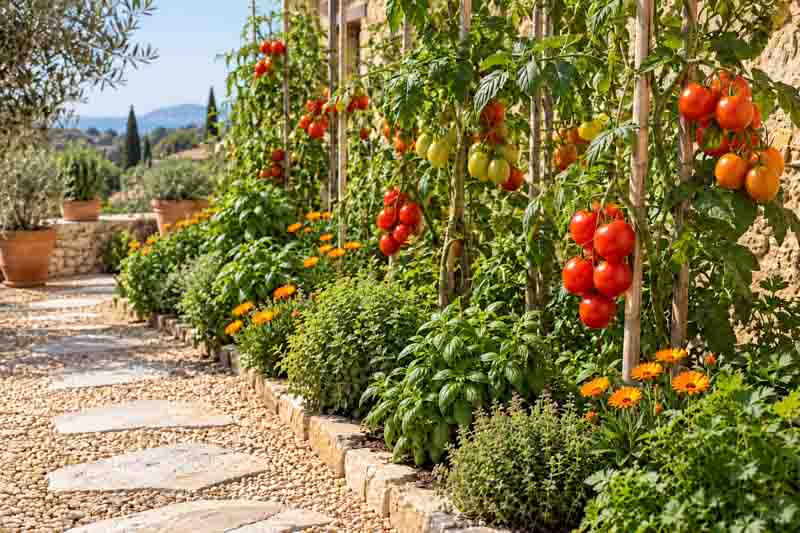 Mediterranean tomato garden with basil, oregano, thyme, parsley, and calendula