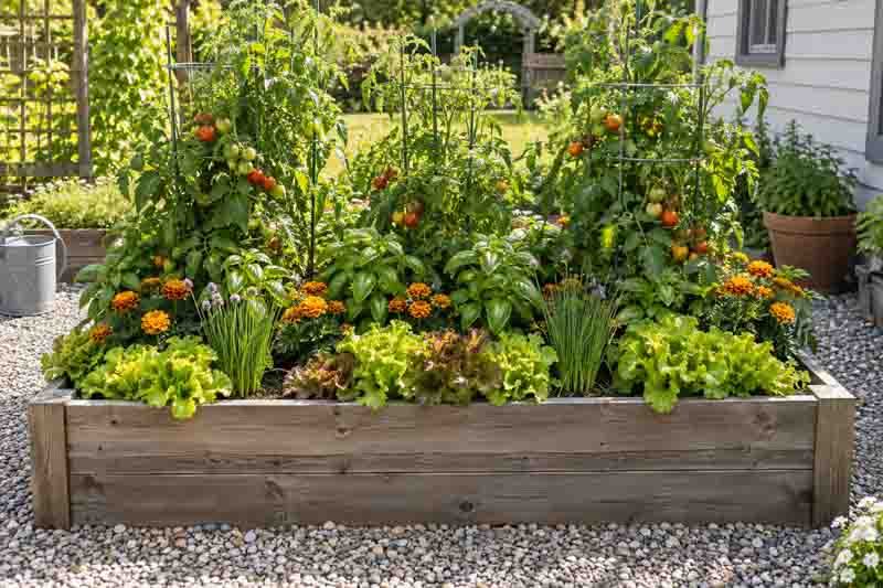 Raised Bed Tomato Garden with Basil, Marigolds, Lettuce, and Chives