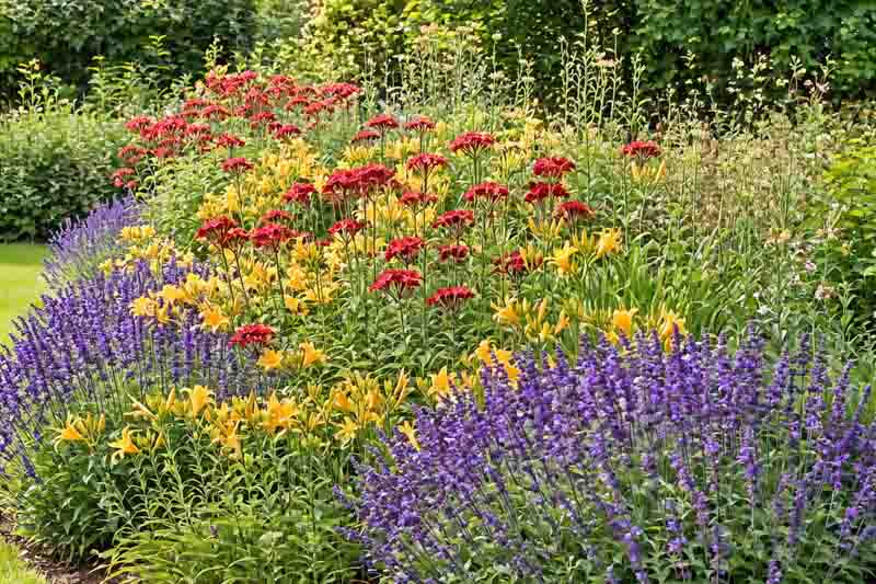 Lychnis chalcedonica (Maltese Cross), Hemerocallis 'Golden Chimes' (Daylily), Salvia nemorosa 'Caradonna' (Sage)