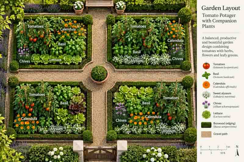 Tomato, basil, chives, lettuce, calendula and sweet alyssum, garden plan