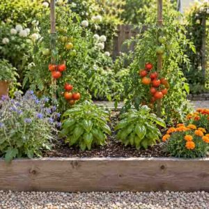 French Marigold, Borage, Basil, Tomatoes in a sunny edble garden