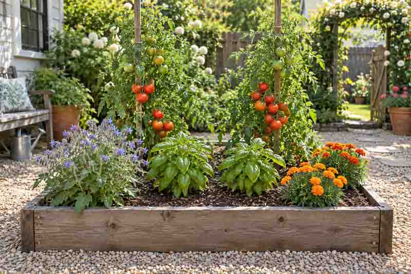 French Marigold, Borage, Basil, Tomatoes in a sunny edble garden
